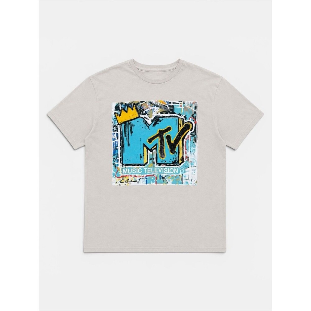 MTV Music Television Graphic T-Shirt Cream Blue Yellow Logo Tee Size M Retro